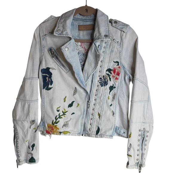 Blank NYC Sm Embroidered allover Studded large Zips MotoDenim jacket Grunge Rare - Picture 1 of 16